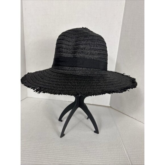 Fashion Hat Woven Fringed Sun Hat Grosgrain Ribbon Band Black NWT 9037 - Picture 9 of 14